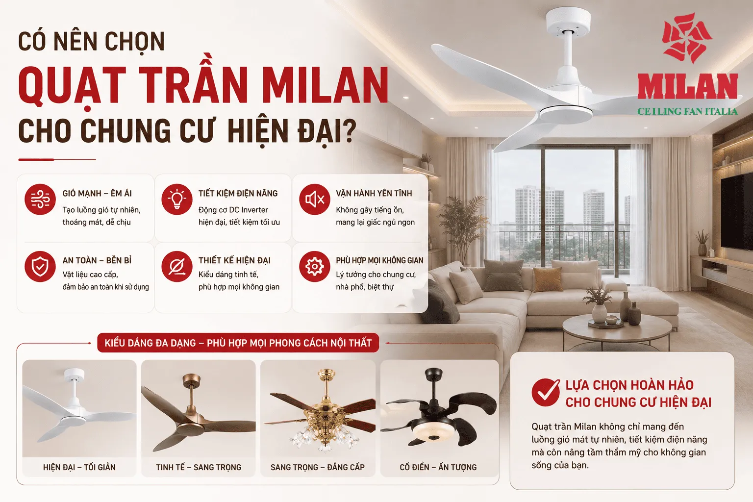 quạt trần milan căn hộ, chung cư